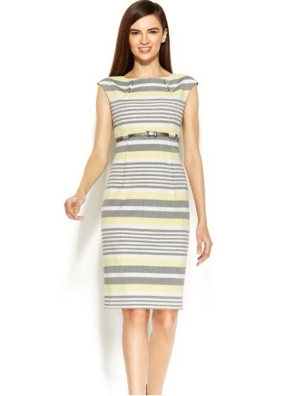 Calvin Klein Striped Midi Sheath Dress in Yellow, Gray and White